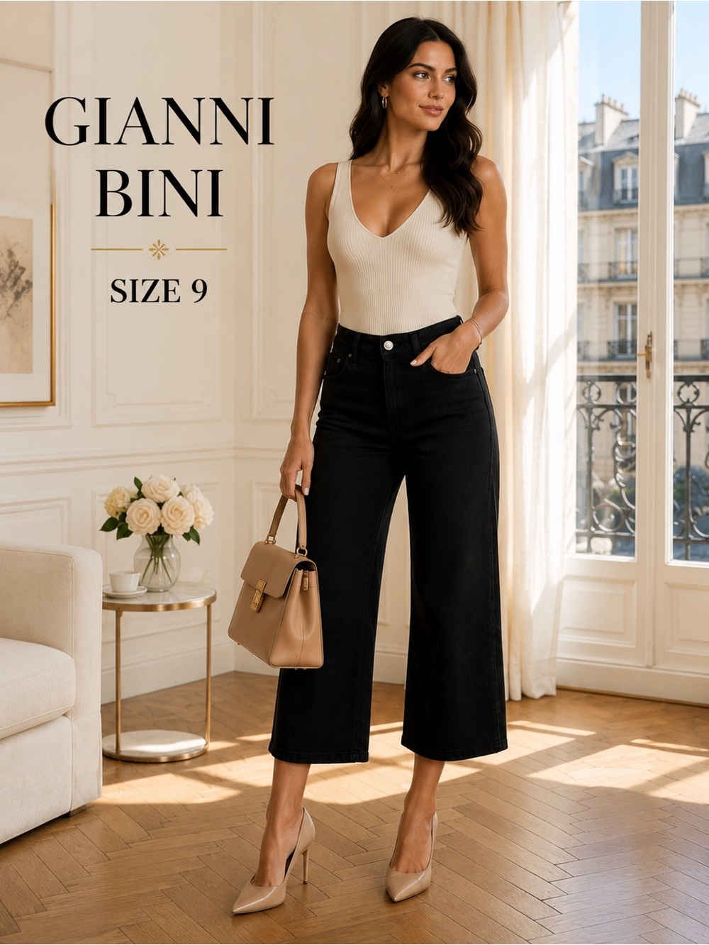 Gianni Bini Black Cropped Wide Leg Jeans Size 9 High Rise Stretch